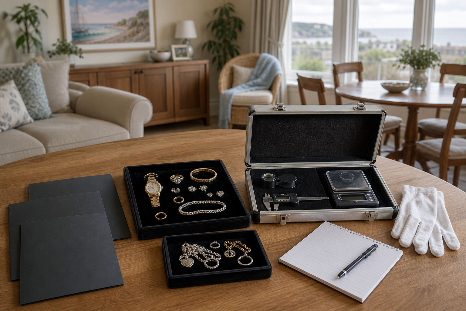 Jewelry appraisal setup with tools, notebook, and display in a cozy living room.