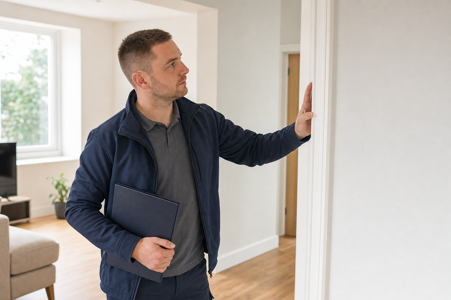 Man in a navy jacket inspecting a doorway in a bright, modern living room.