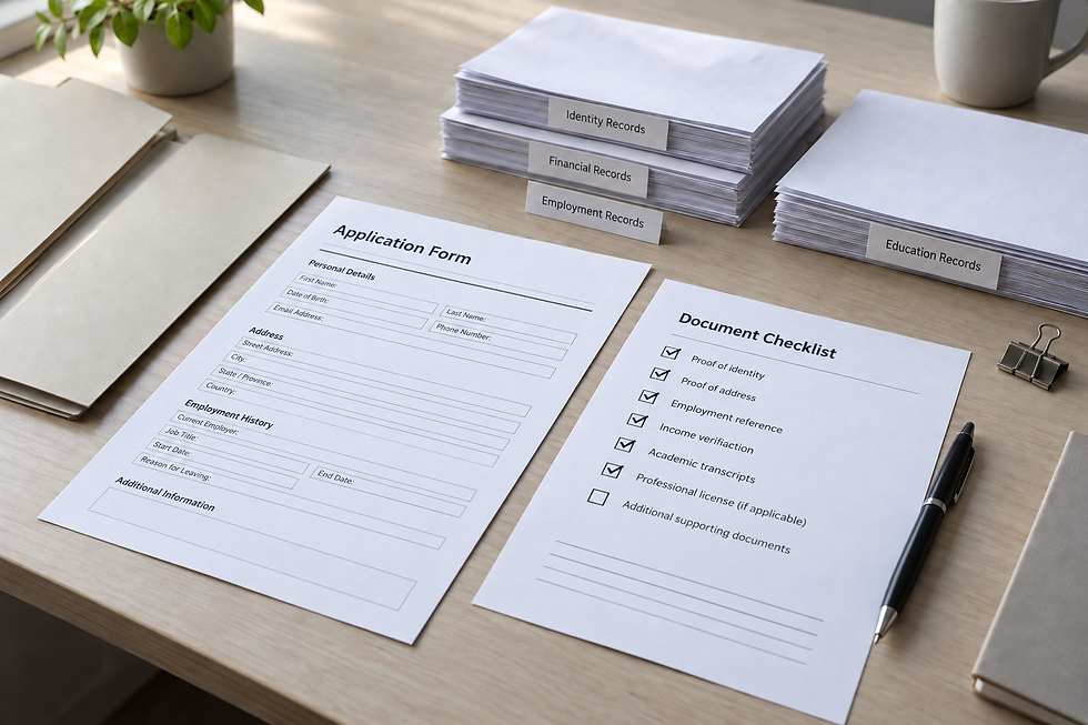 An application form and document checklist on a desk with stacked records and a pen nearby.