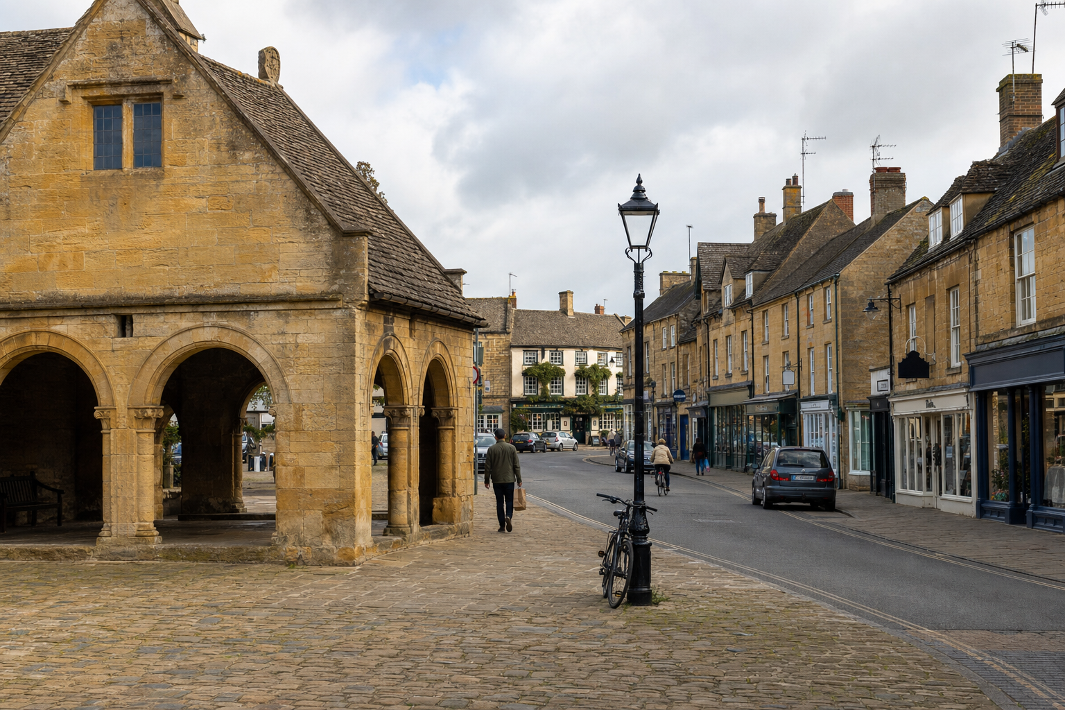A quaint street scene in a Cotswold town with historic stone buildings, a market hall, and a cyclist.