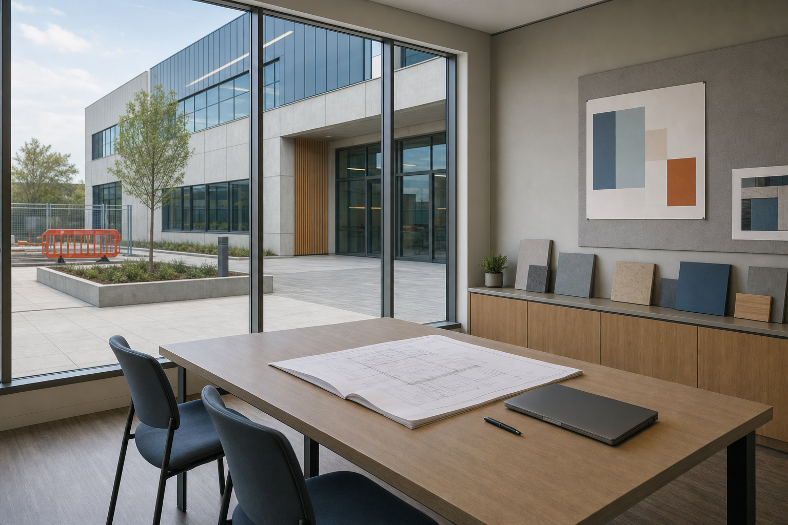 Modern office with blue chairs and table, architectural plans open, overlooking an outdoor courtyard through large windows.