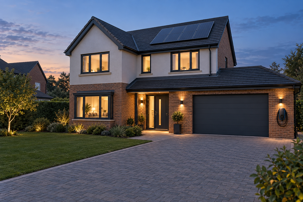 Modern two-storey house at dusk with solar panels, well-lit entrance, and tidy garden.