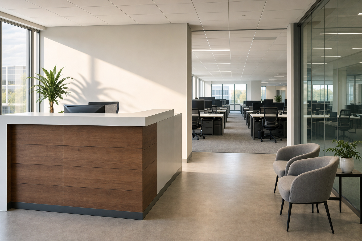 Modern office interior with a wooden reception desk, potted plants, and open-plan workstations in the background.