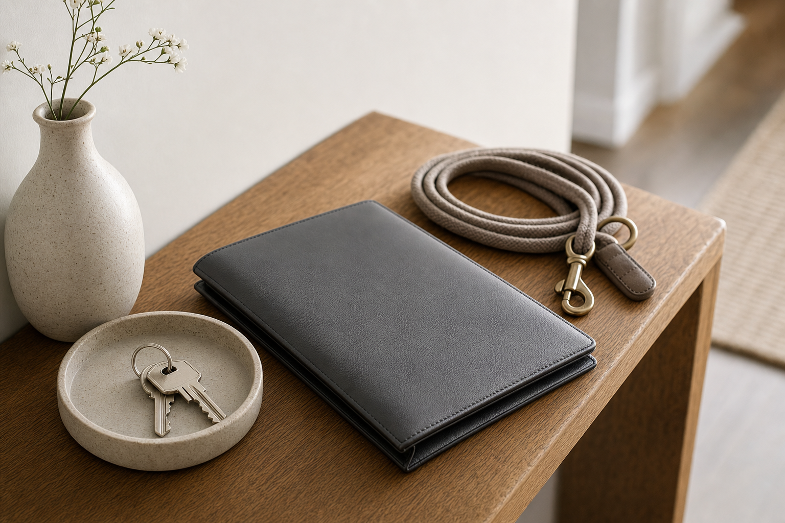 A black wallet, a coiled leash, keys in a dish, and a vase displayed on a wooden table.