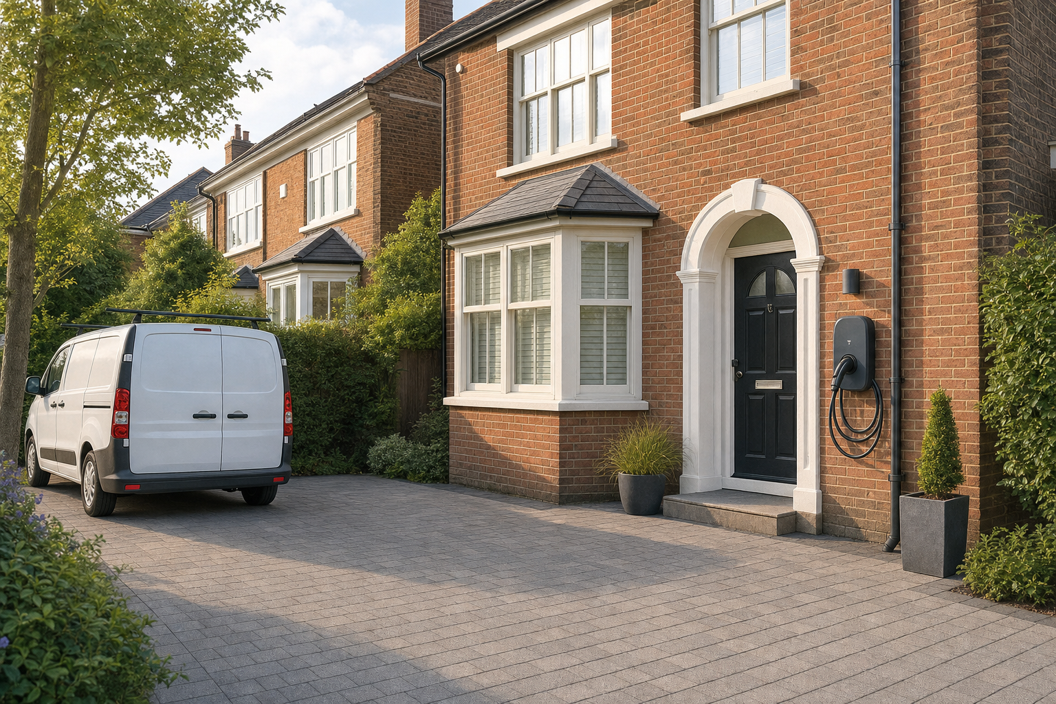 A white van parked on the driveway of a brick house with an electric vehicle charger mounted by the door.