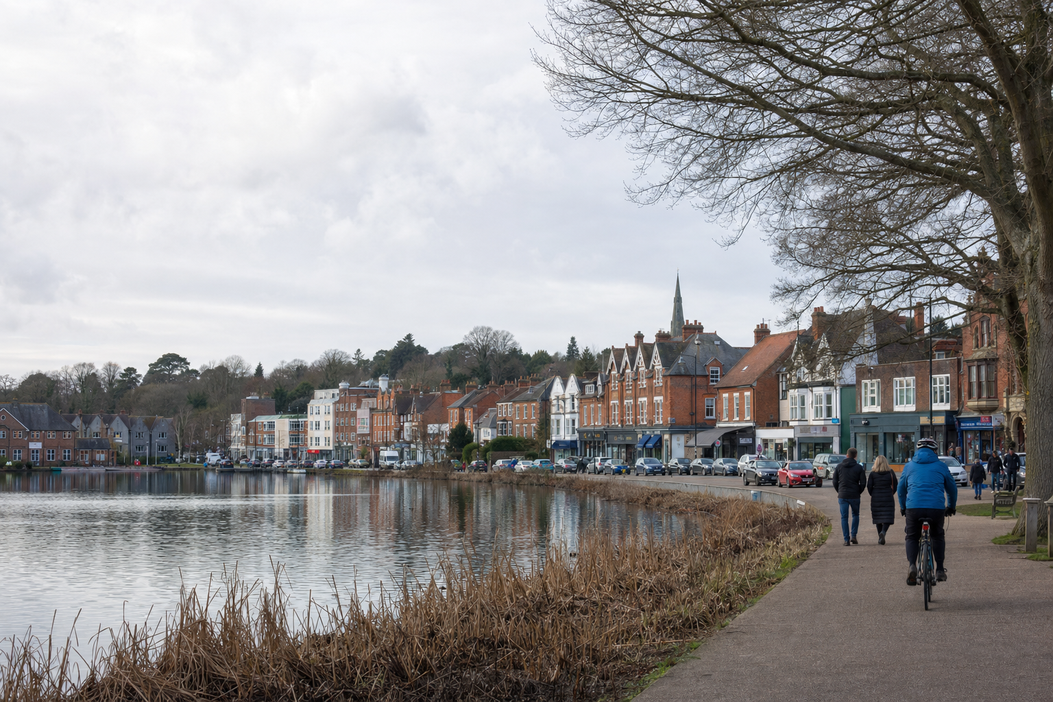 A path runs alongside a lake with people walking and cycling, adjacent to a row of charming brick buildings.