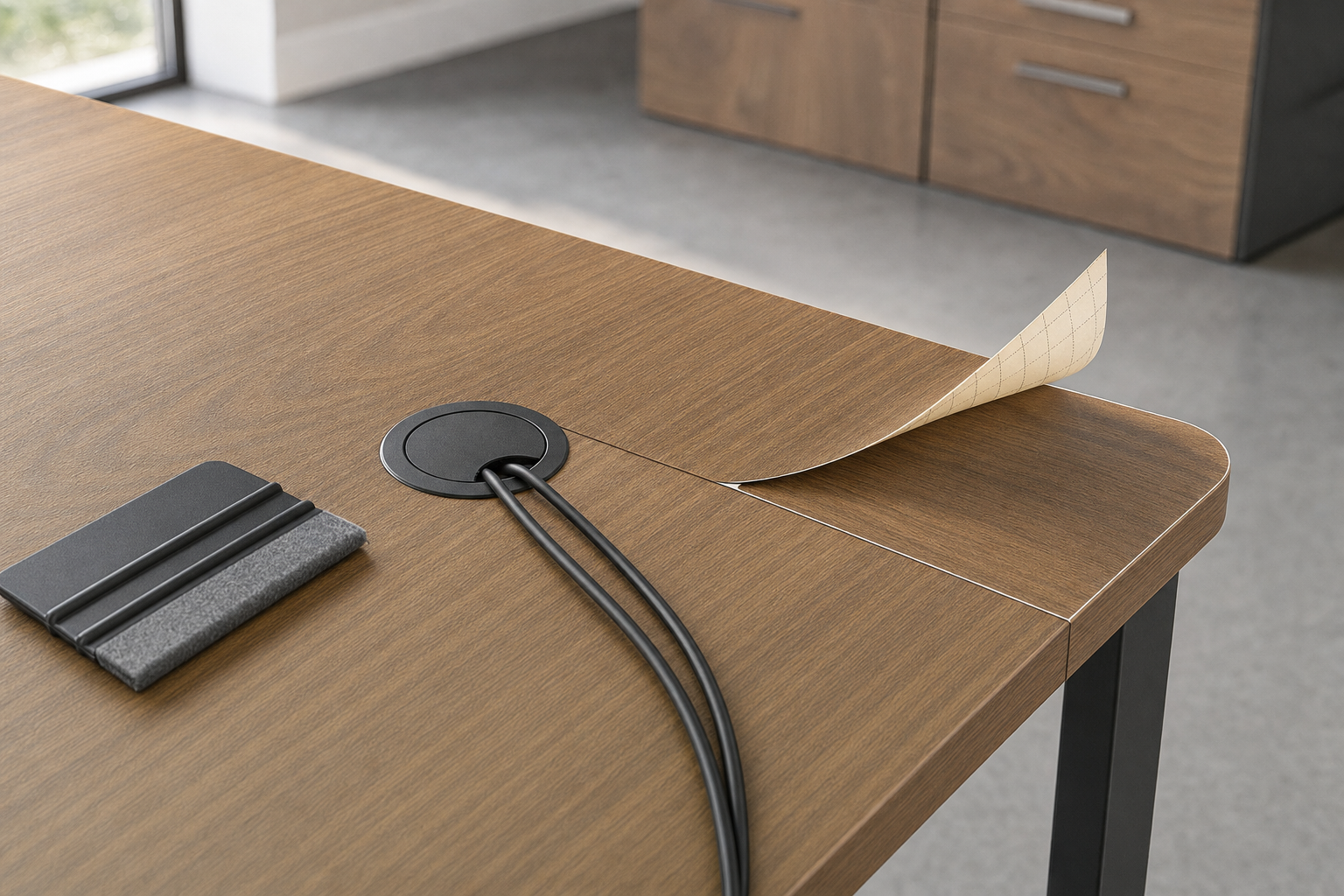 Wooden desk with cable grommet and adhesive laminate peeling, revealing the underside, next to a folded fabric item.
