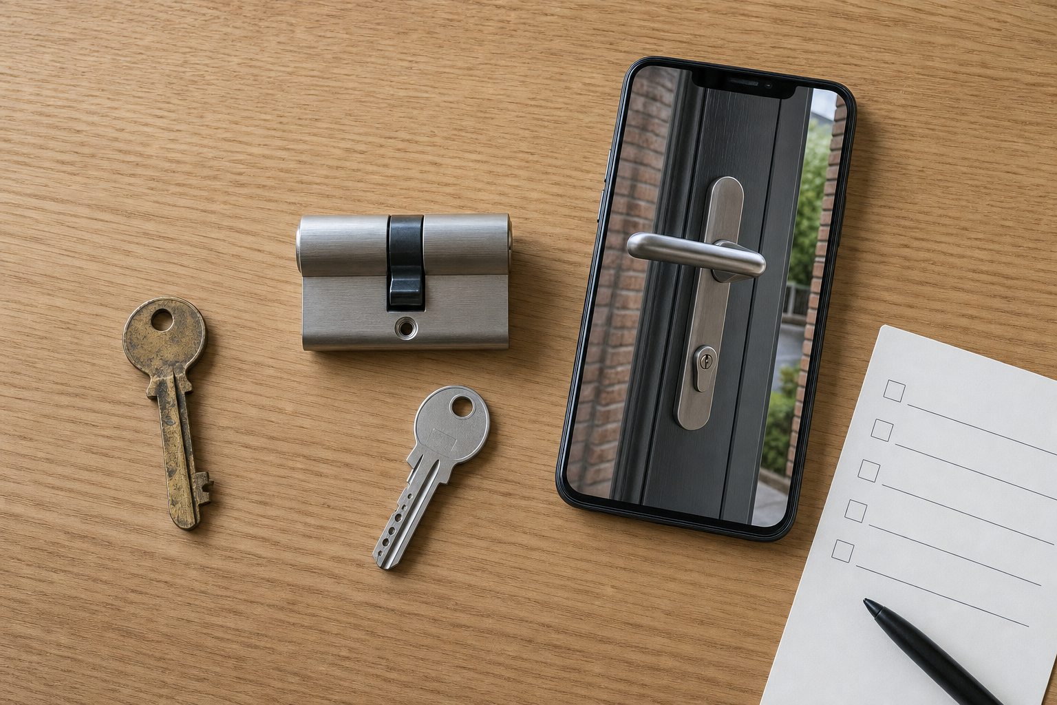 Smartphone displaying a door lock, placed next to keys, a cylinder lock, and a checklist on a wooden surface.