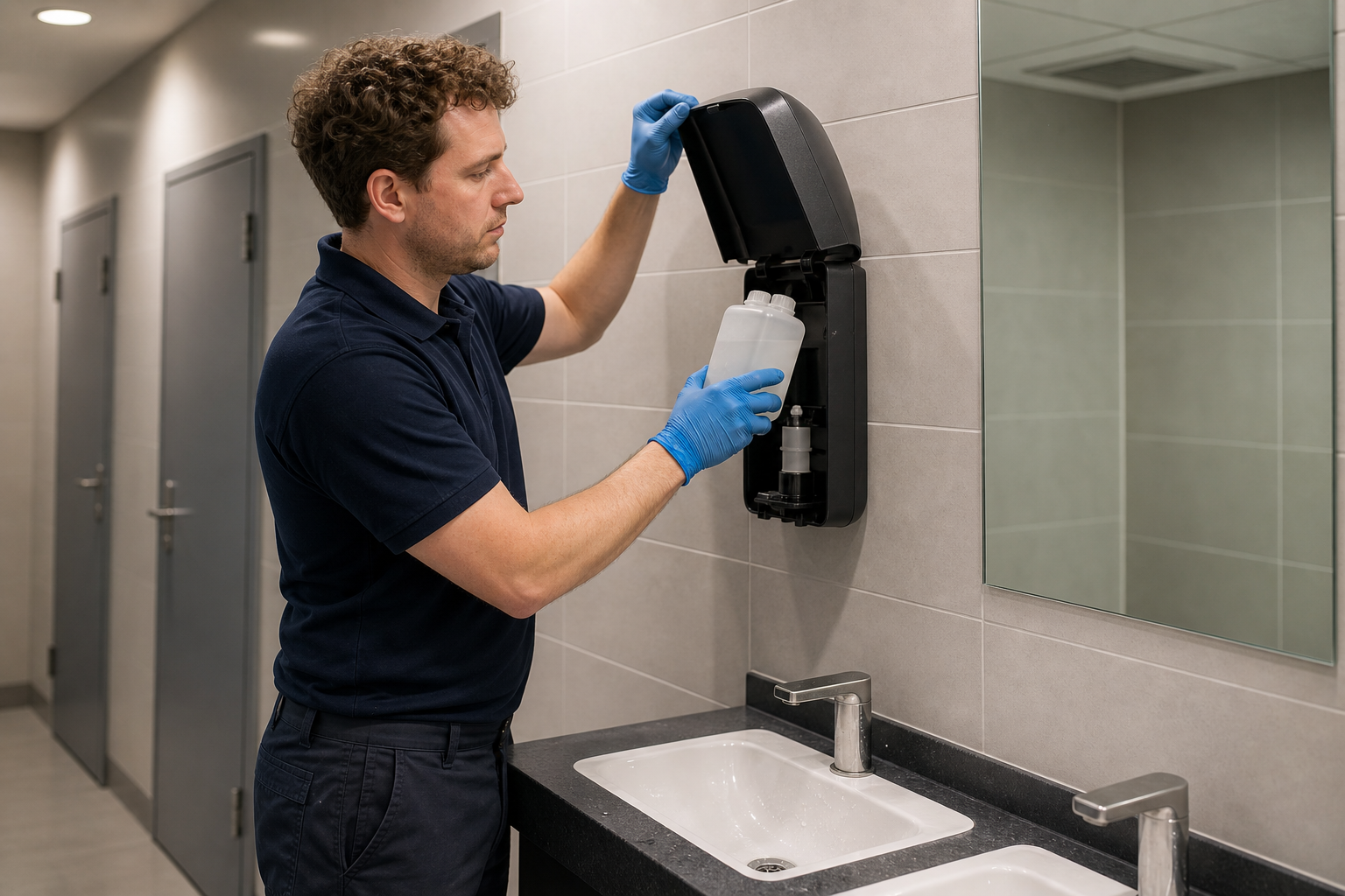 Man wearing gloves refilling a soap dispenser in a public restroom near a twin sink.
