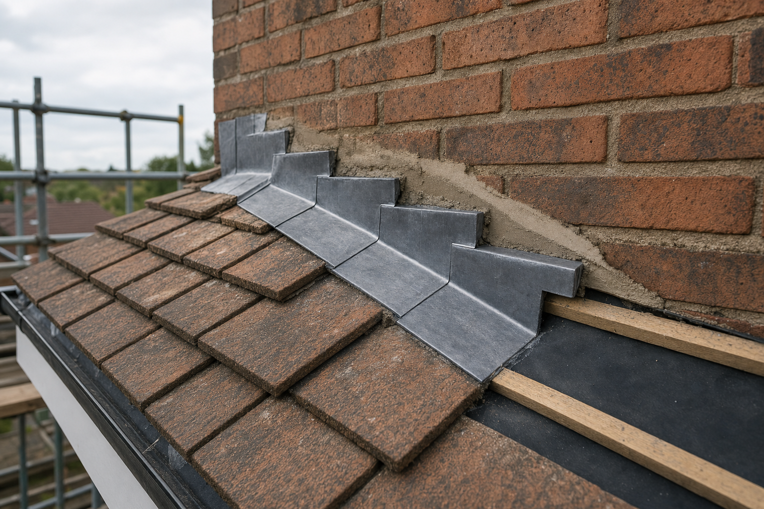 Close-up of roof flashing expertly installed on brown roof tiles beside a brick wall.