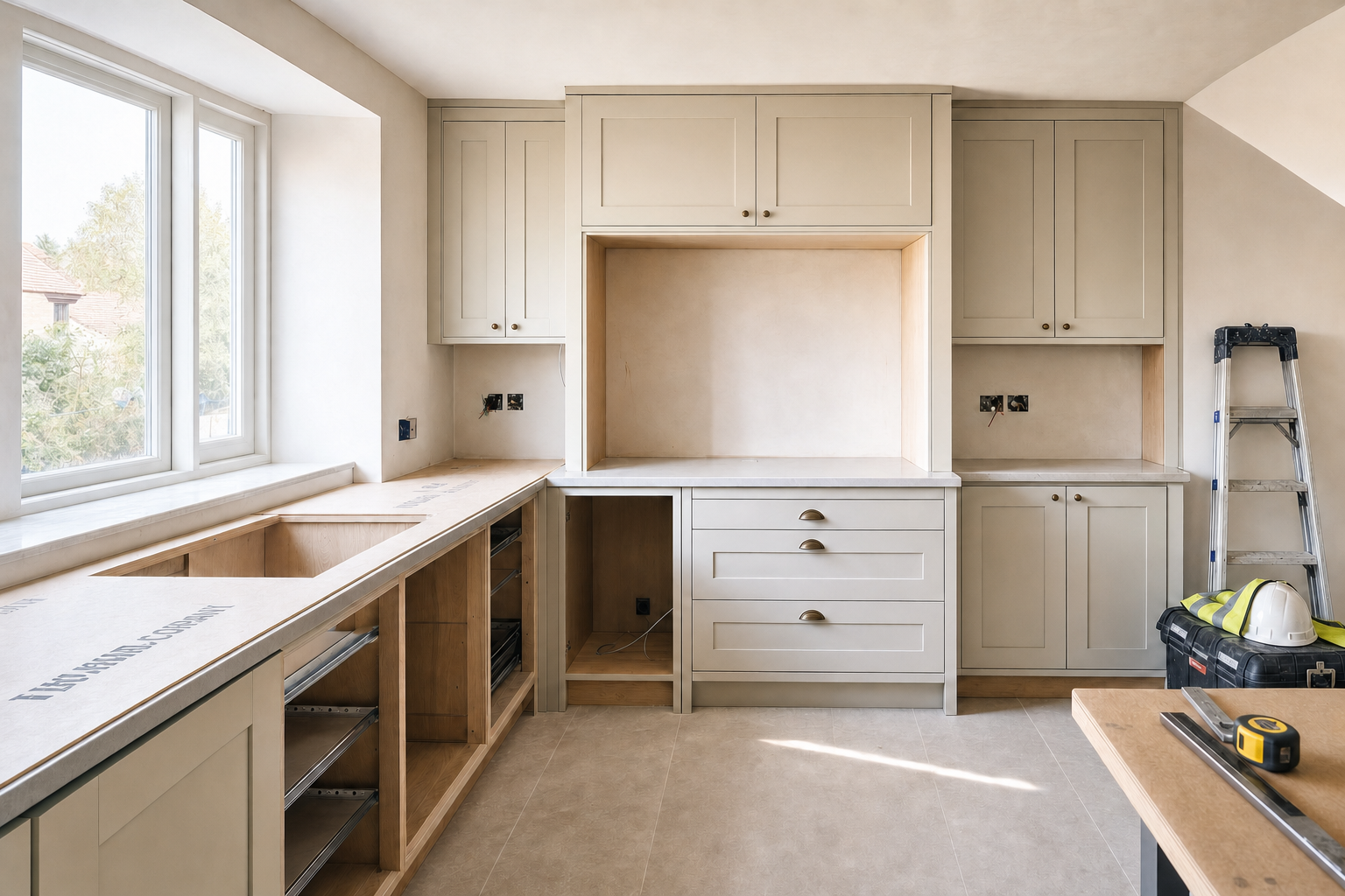 A modern kitchen under construction with light grey cabinets, empty countertops, and a ladder with tools in the corner.