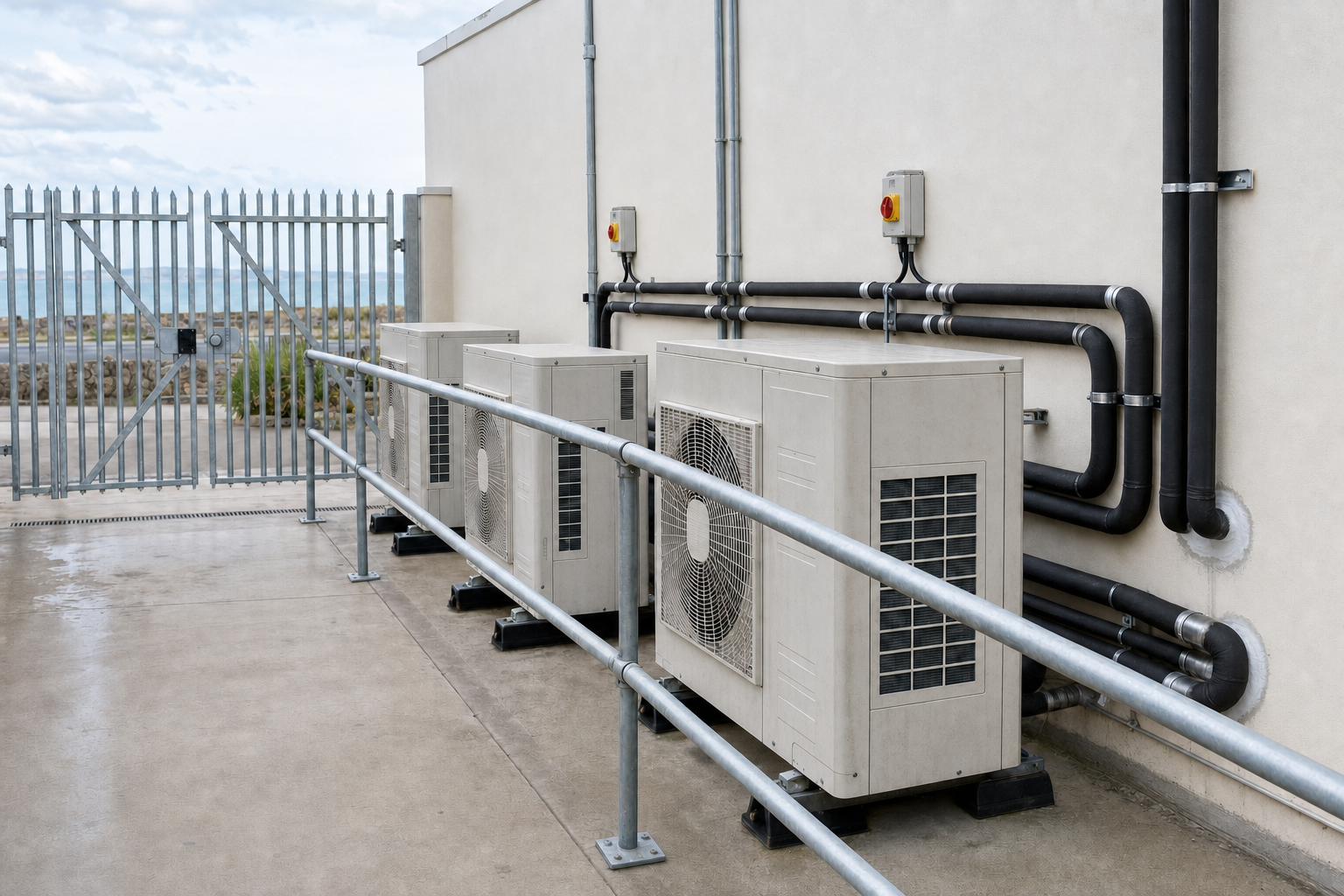 Three outdoor air conditioning units mounted on a building wall with piping and a fence in the background.