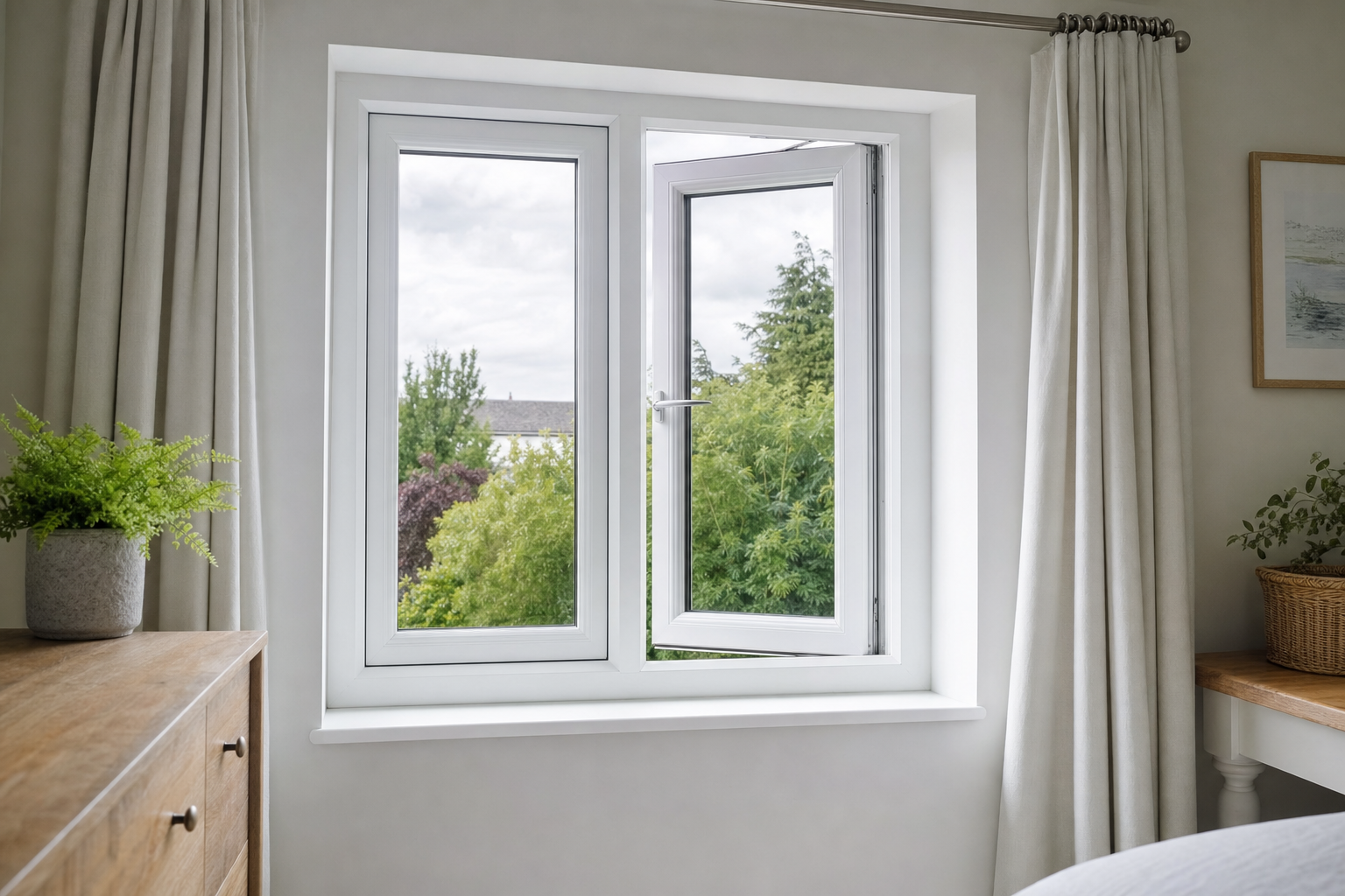 Open white-framed window with curtains revealing lush green trees outside, next to plants on a wooden dresser.