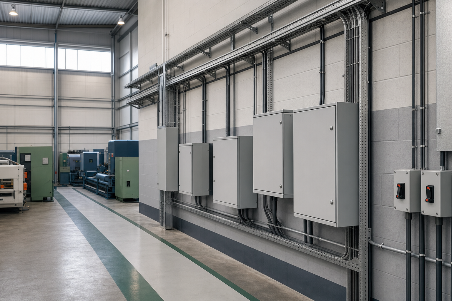 Industrial workshop with electrical panels mounted on a wall and machinery in the background.