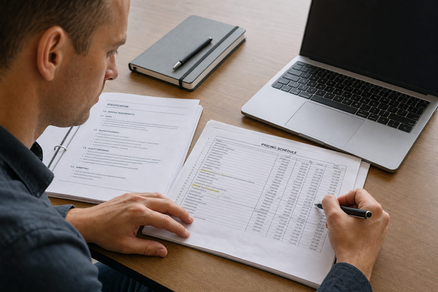Person reviewing documents with a pen beside a laptop and notebook on a wooden desk.