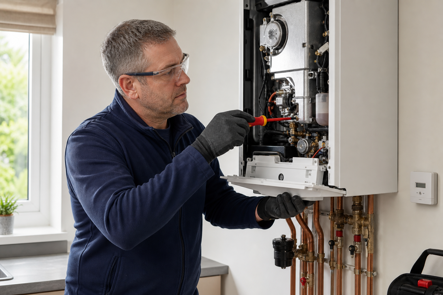 Technician wearing gloves and safety glasses repairing a wall-mounted boiler.