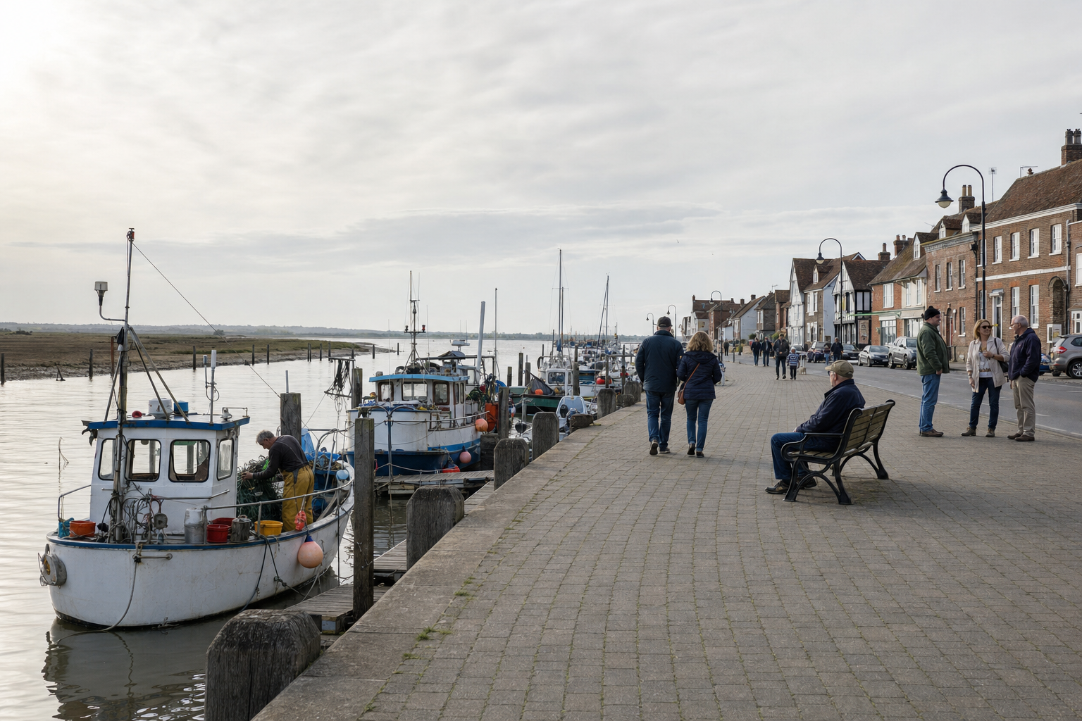 A charming quay with moored fishing boats and people strolling along the waterfront path under overcast skies.