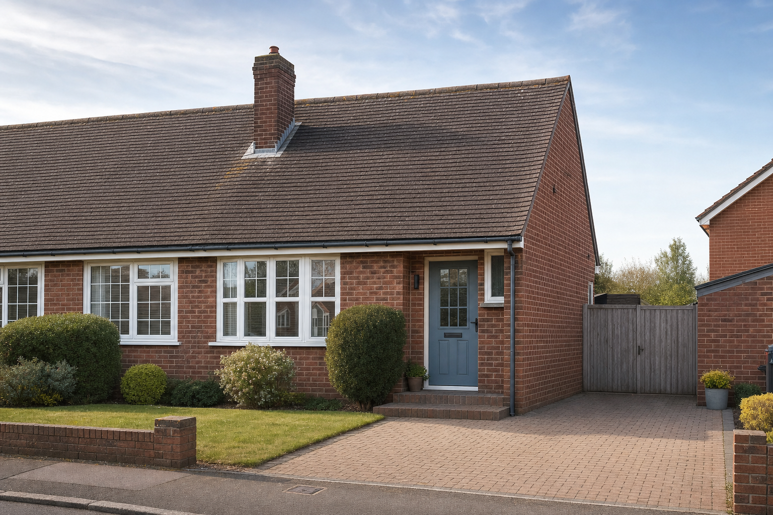 Brick bungalow with a grey roof, blue front door, manicured garden, and paved driveway under a clear sky.