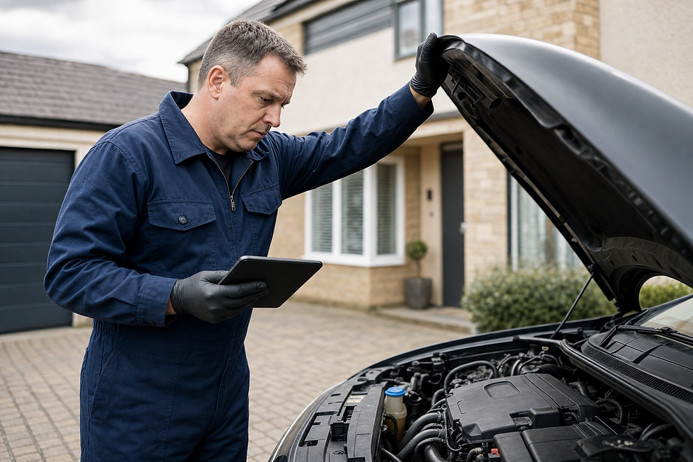 Mechanic in a blue jumpsuit inspects a car engine while holding a tablet in a residential driveway.