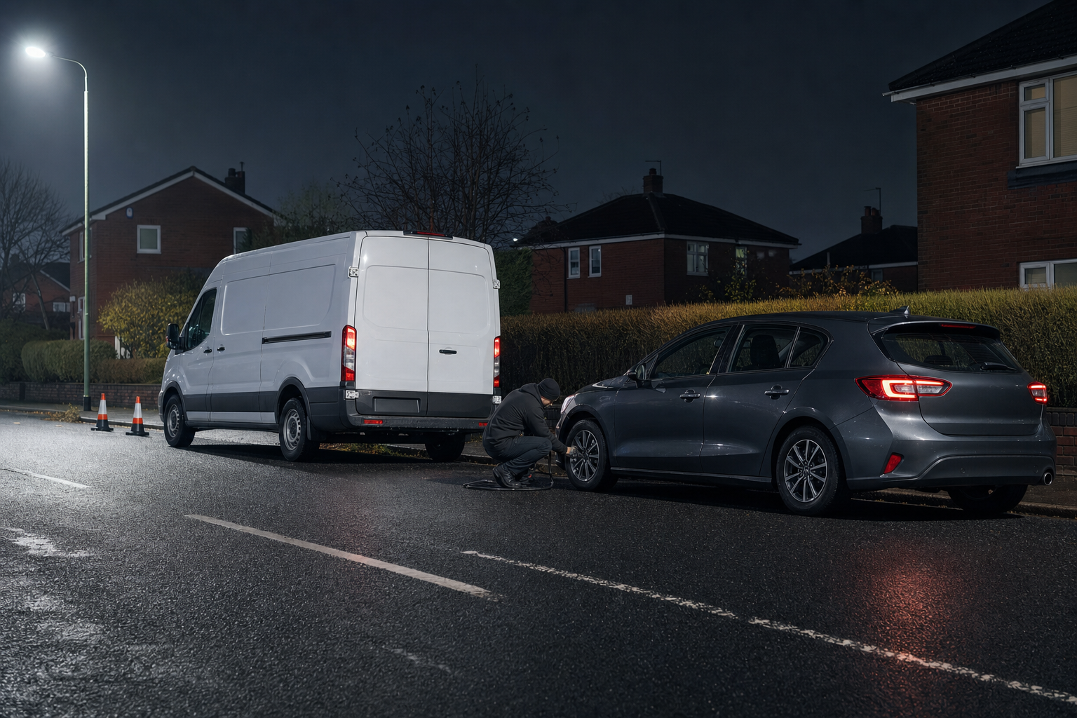 A person fixes the wheel of a grey car parked behind a white van on a residential street at night.