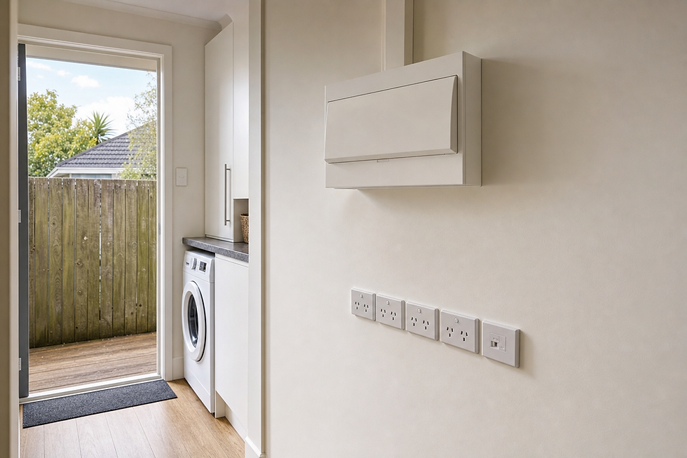 Laundry room with washing machine, sockets on the wall, and an open door leading to a wooden deck outside.