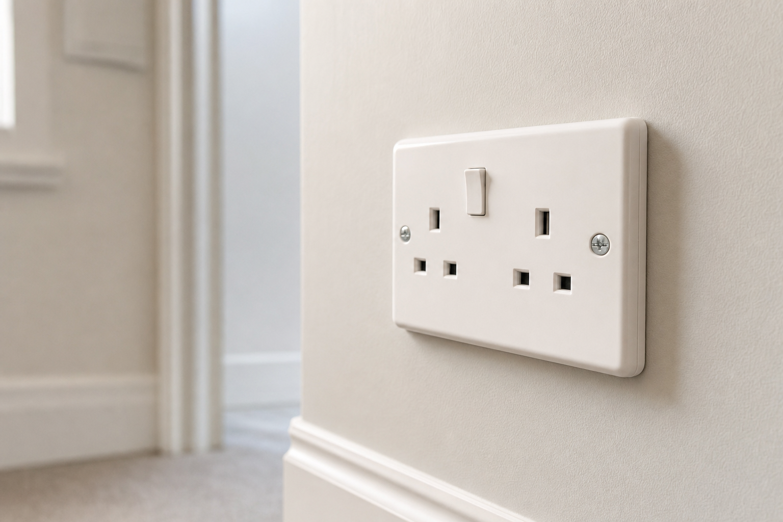 White double plug socket on a cream wall with a switch in the centre.