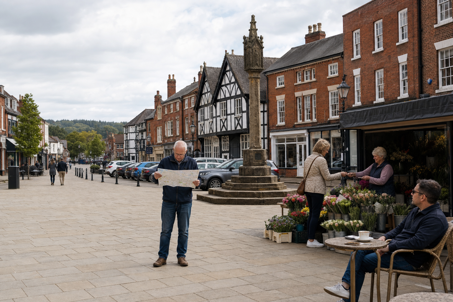 A man reads a map on a quaint British street lined with historic buildings and a flower market.
