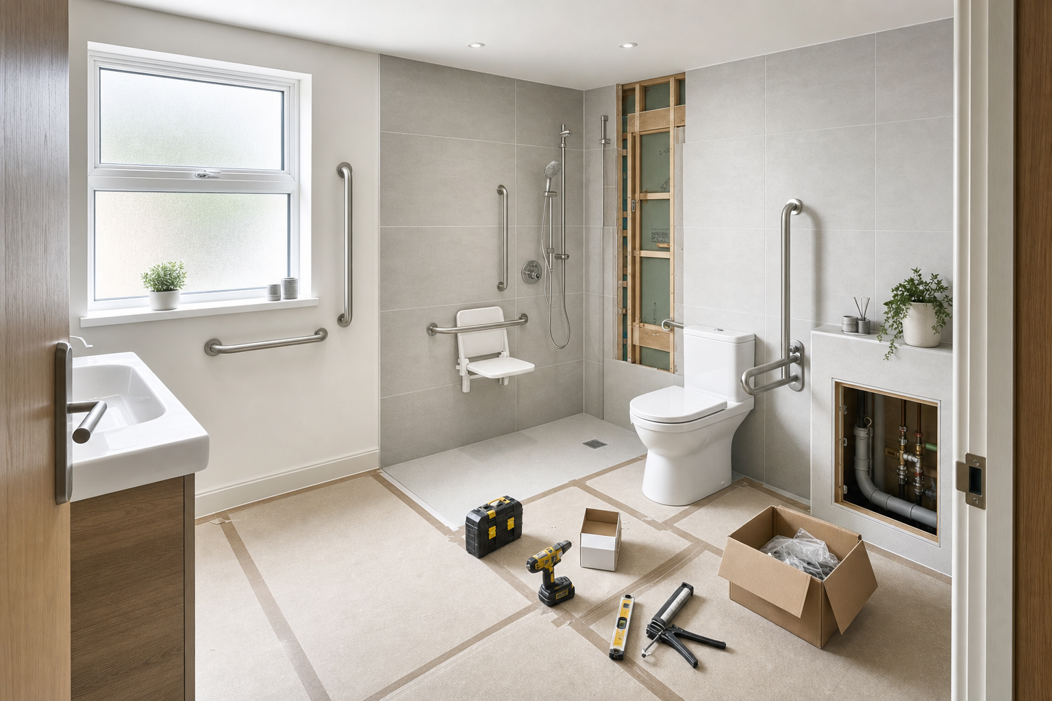 Accessible bathroom under construction with handrails, a foldable shower seat, tools, and an exposed plumbing area.
