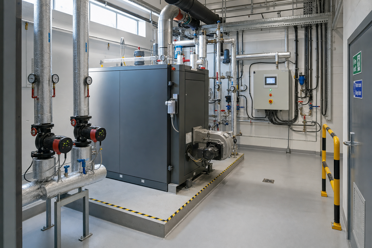 Industrial boiler room with large heating system, pipes, gauges, and a control panel on a clean concrete floor.