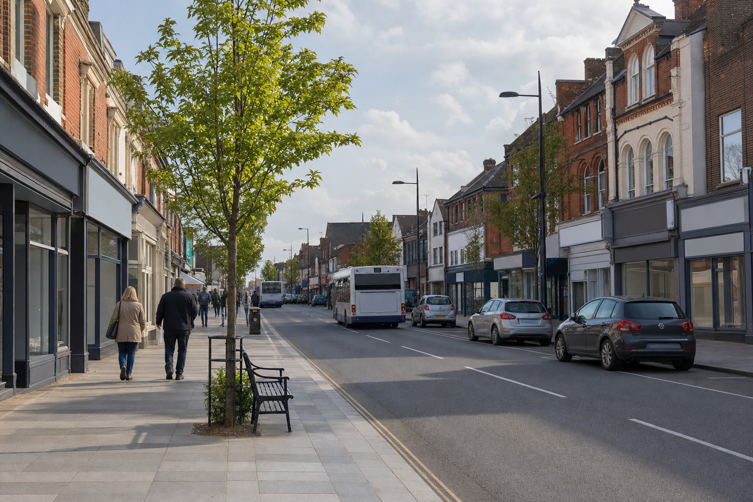 A bustling street lined with shops, parked cars, and people walking under a partly cloudy sky.