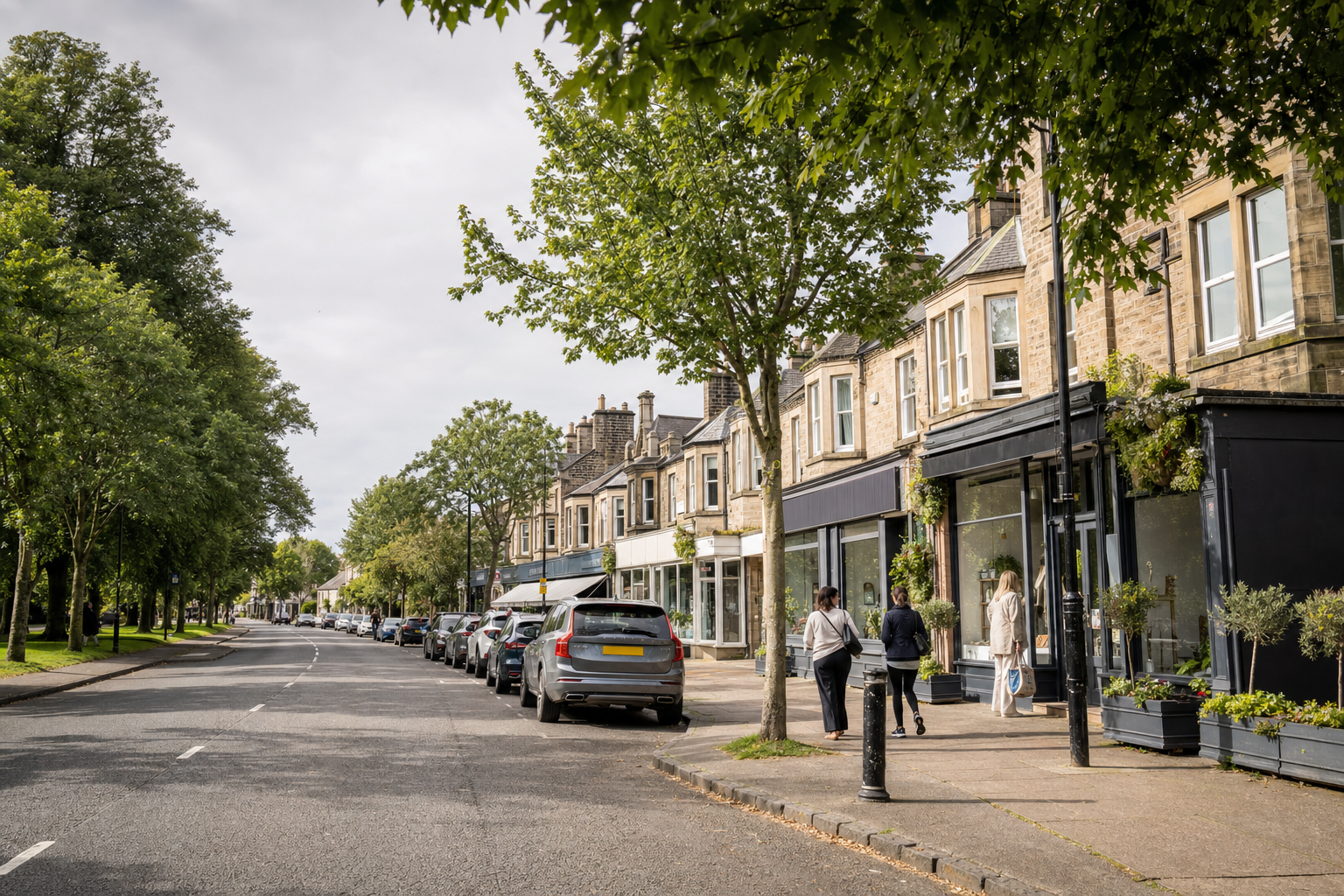 High street with shops and parked cars, lined with trees and pedestrians on pavement.