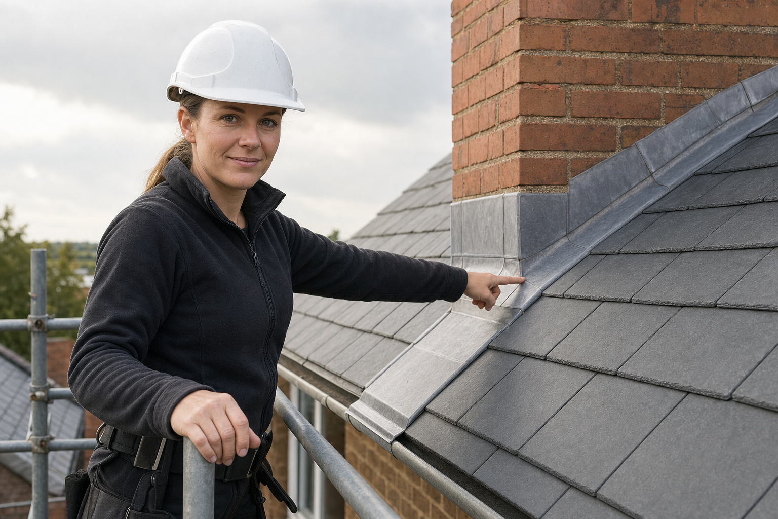 A woman in a hard hat points at a roof detail near a chimney while standing on scaffolding.