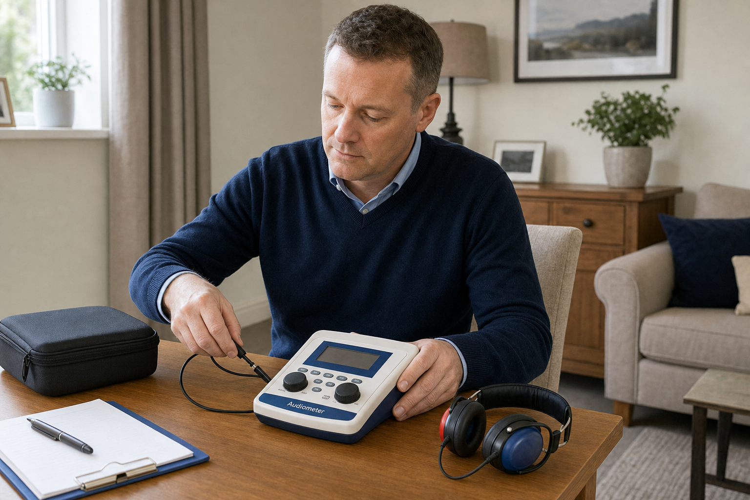 Man operating an audiometer at a wooden table with headphones and a clipboard nearby.
