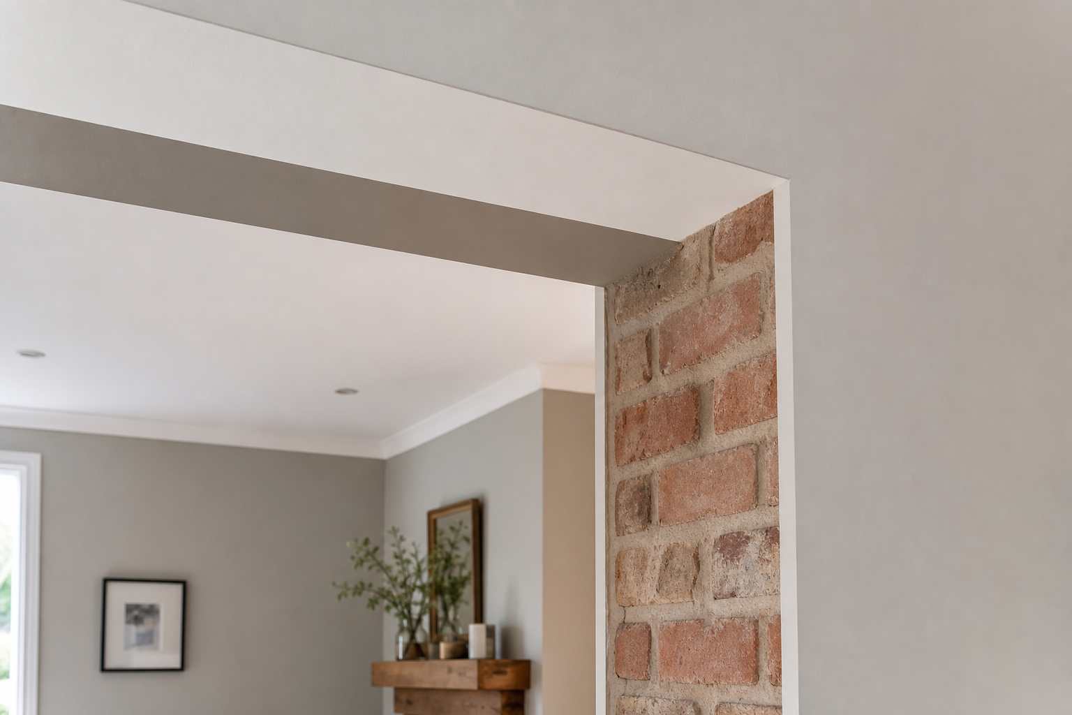 Exposed brick archway leads to a modern living room with grey walls, a wooden mantelpiece, and framed artwork.