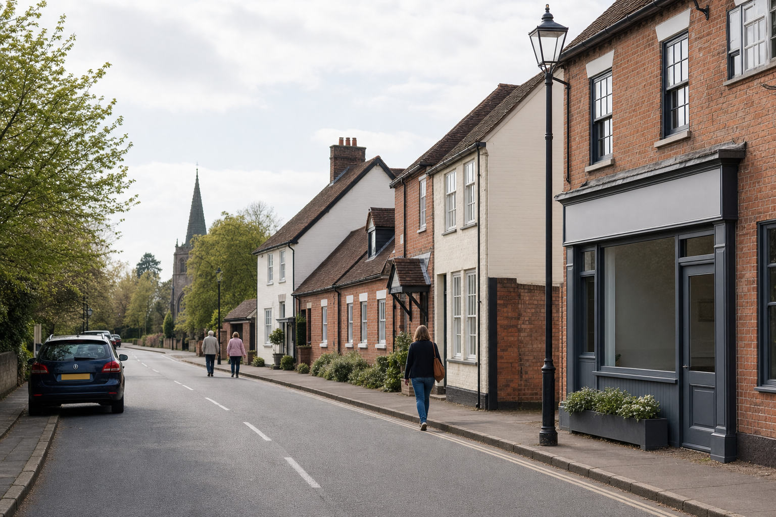 People walking along a quiet, tree-lined street with traditional brick houses and a church tower in the distance.