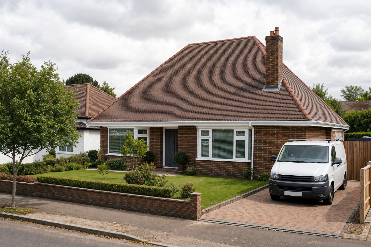 Detached brick bungalow with a sloping roof, manicured garden, and a white van parked in the driveway.