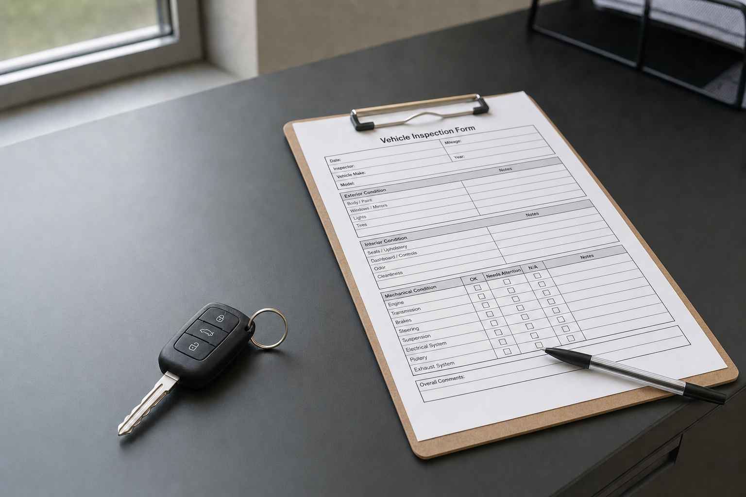 Vehicle inspection form on a clipboard with a pen and car key on a minimalist desk.