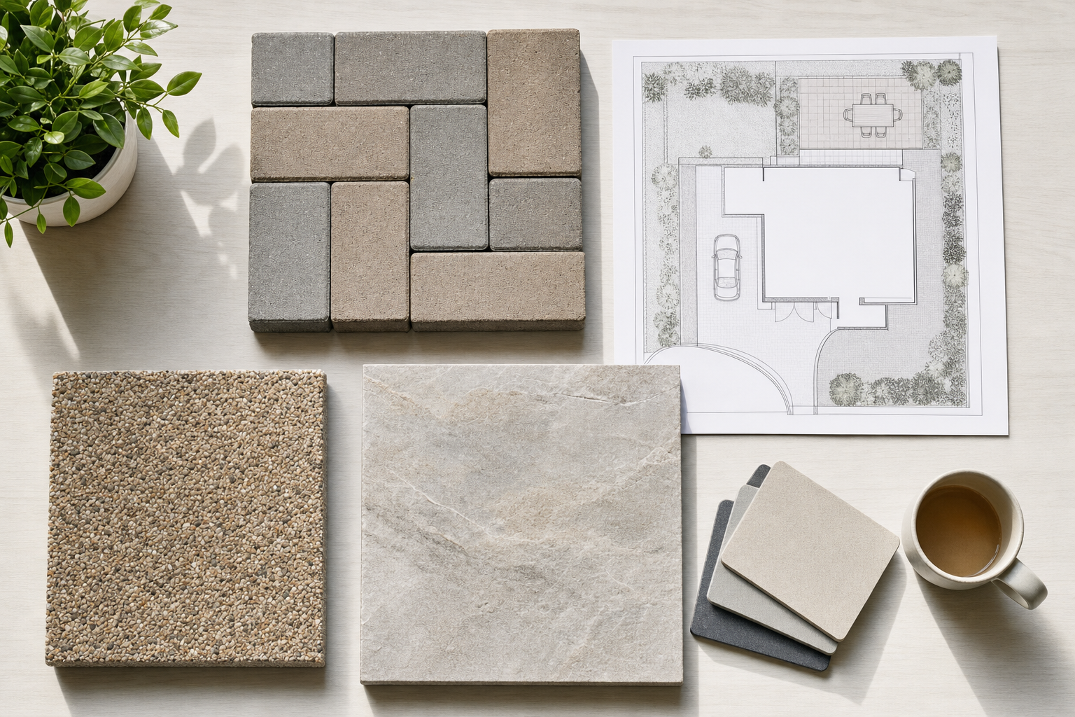Architectural plan with various stone samples and a potted plant on a desk, next to a cup of coffee.