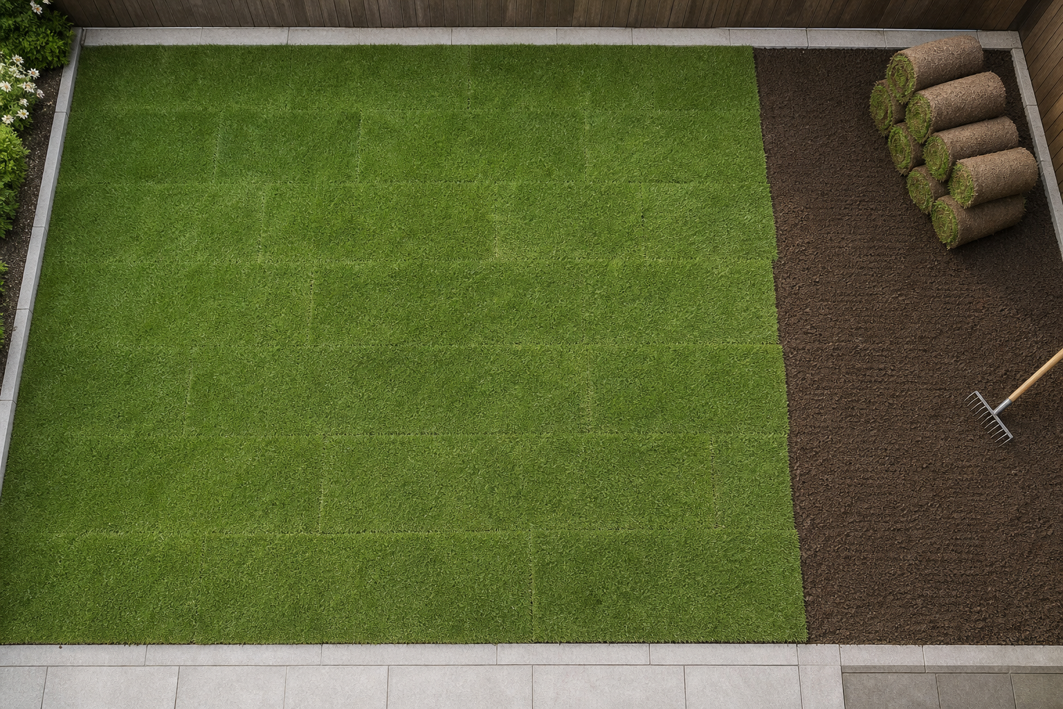 Newly laid turf partially covers a garden, with rolls of sod and a rake visible on the remaining soil.