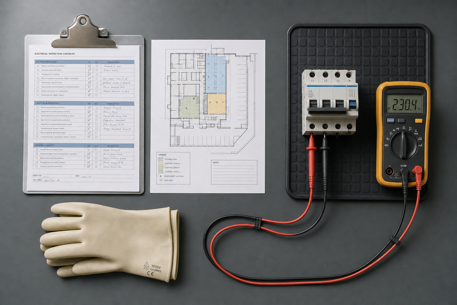 Electrical inspection tools and documents, including a checklist, floor plan, rubber gloves, and a digital multimeter.