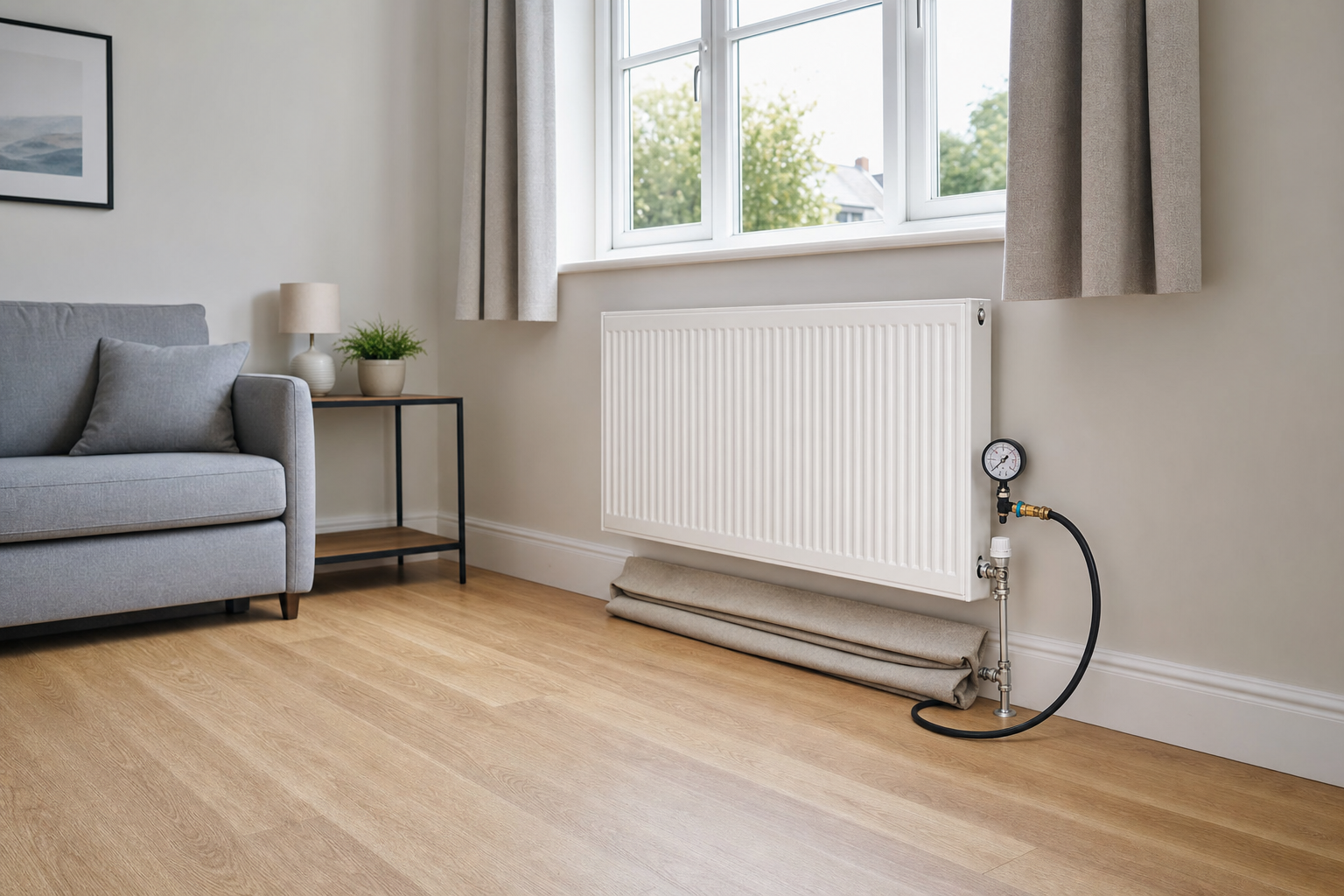 Modern living room with a grey sofa, small table, and a radiator pressure gauge on the wall.