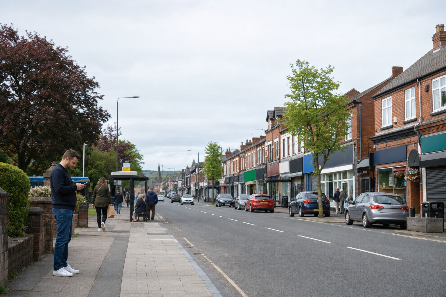 A man checking his phone at a bus stop on a quiet street lined with shops and parked cars.