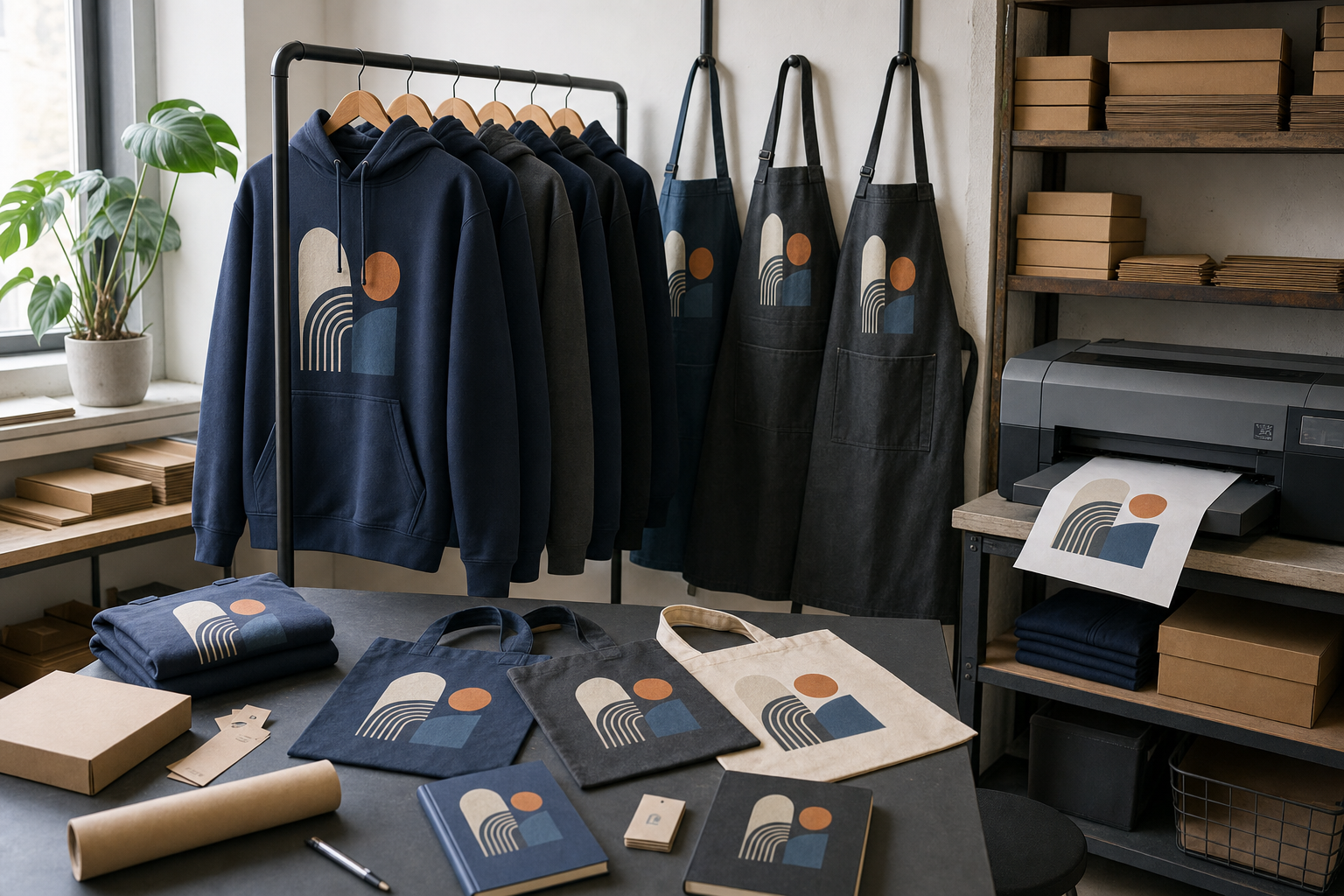 Merchandise display with hoodies, aprons, tote bags, and notebooks featuring abstract designs, beside a printer.