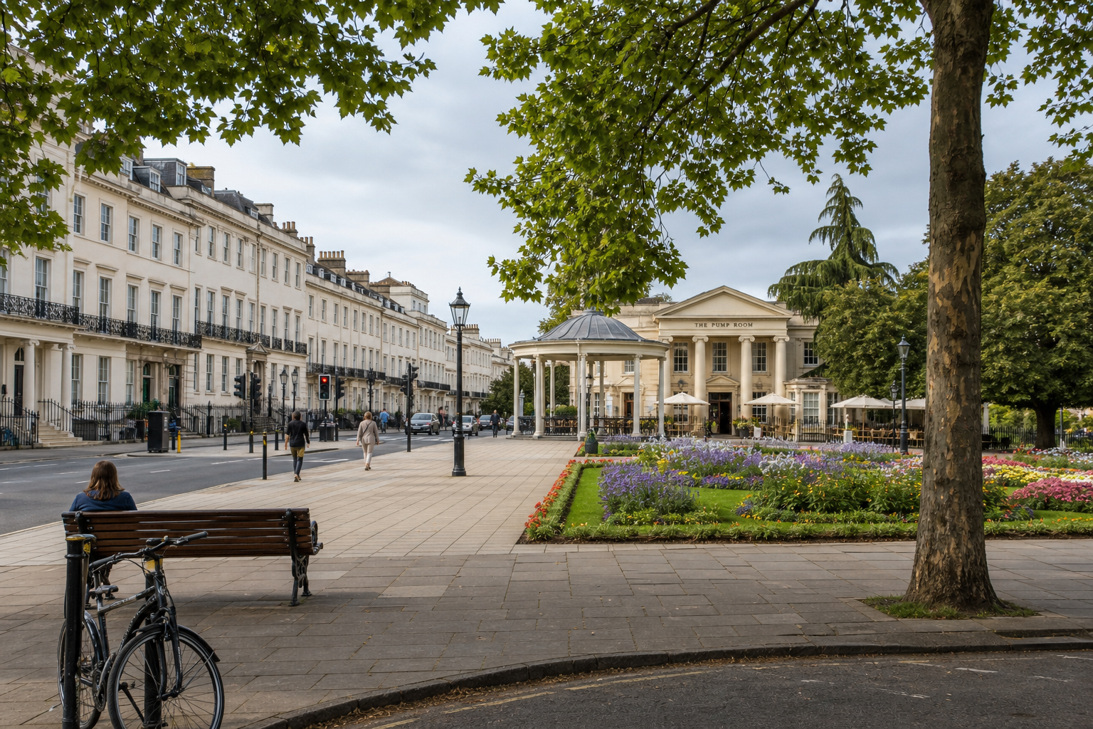 A person sits on a bench overlooking colourful flowerbeds and The Pump Room in Cheltenham, with bicycles and historic buildings nearby.