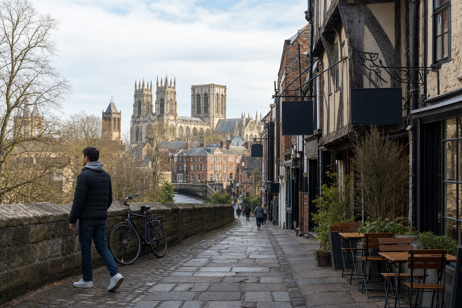 A person walks along a cobbled street with York Minster visible in the background.