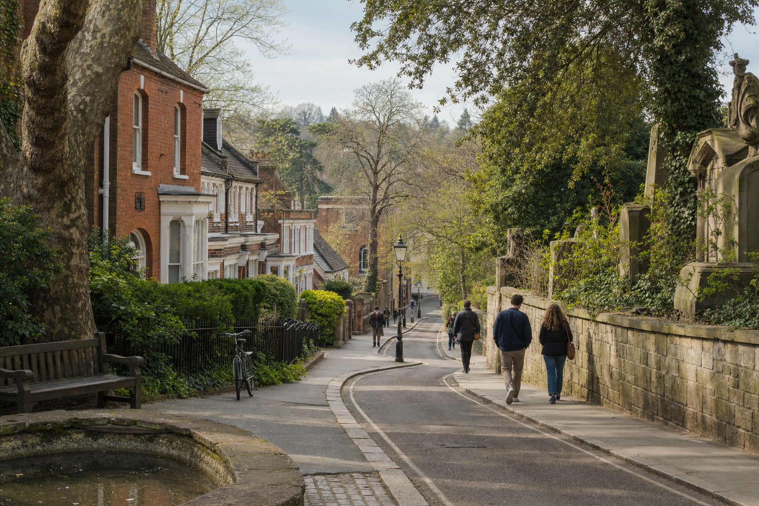 People walk along a tree-lined, winding street bordered by brick houses and stone walls on a sunny day.