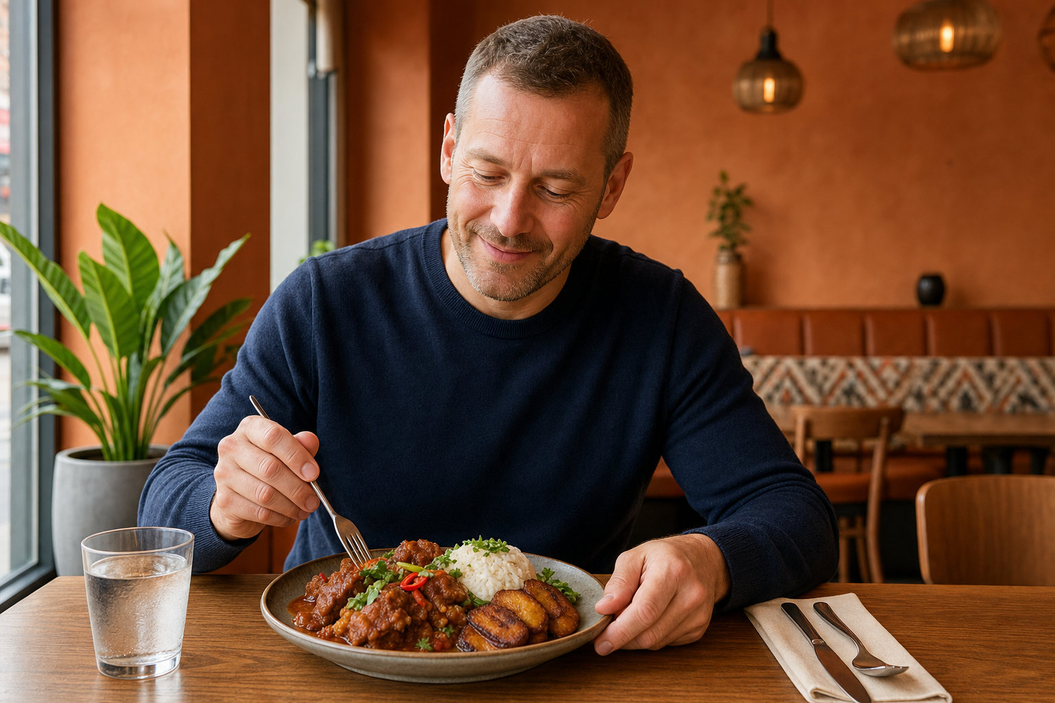 A man enjoys a meal of rice, stew, and plantains at a restaurant with warm decor and potted plants.