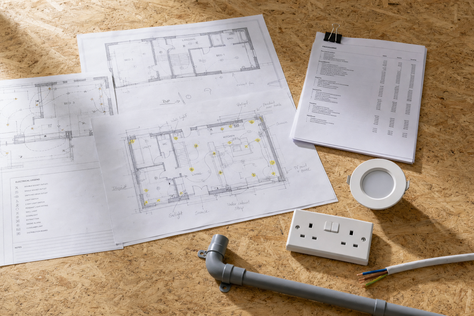 Architectural floor plans and electrical components laid out on a plywood surface.