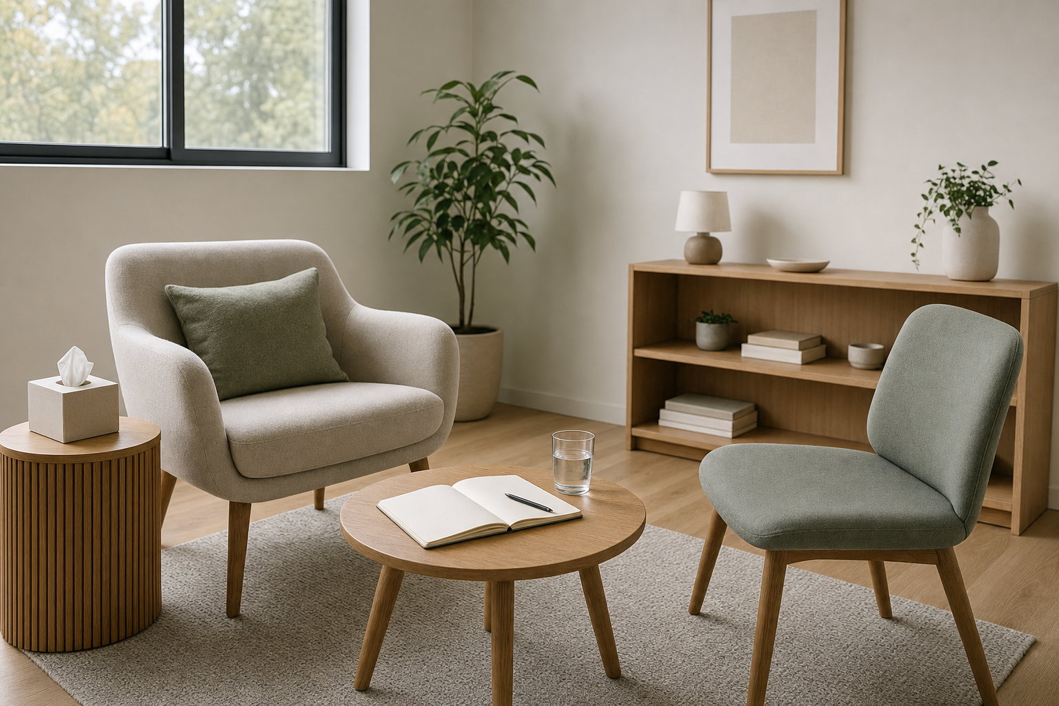 Modern living room with two chairs, a wooden coffee table with a notebook and glass, and plants by the window.