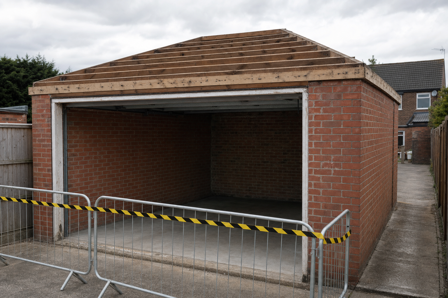 Brick garage with an unfinished roof, surrounded by a security barrier, next to a residential path.